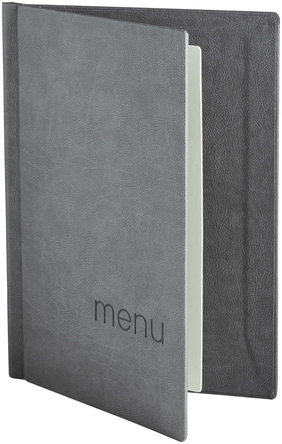 VEGA LUSINI Solutions GmbH Clamp-style menu Perron with MENU embossing Klemmbinder Speisekarte Perron mit Prägung MENU Clamp-style menu Perron with MENU embossing; A4, 22.5x30.5 cm (WxH); grey Klemmbinder Speisekarte Perron mit Prägung MENU; DIN A4, 22.5x30.5 cm (BxH); grau Springback binder made of polyurethane with a fine-pored structure make the material look particularly natural. Neither water nor dirt can harm the scratch and tear-resistant surface. The springback binder offers space for ten to forty sheets. Thanks to the stable and durable clamping back, these can be easily and conveniently exchanged. Easy-care. Water repellent. With embossing "MENU". Customizable on request. Klemmbinder aus Polyurethan mit feinporiger Struktur wirkt das Material besonders natürlich. Der kratz- und reißfesten Oberfläche können weder Wasser noch Schmutz etwas anhaben. Der Klemmbinder bietet Platz für zehn bis vierzig Blätter. Dank des stabilen und langlebigen Klemmrücken können diese einfach und bequem ausgetauscht werden. Pflegeleicht. Wasserabweisend. Mit Prägung „MENU“. Auf Wunsch personalisierbar.