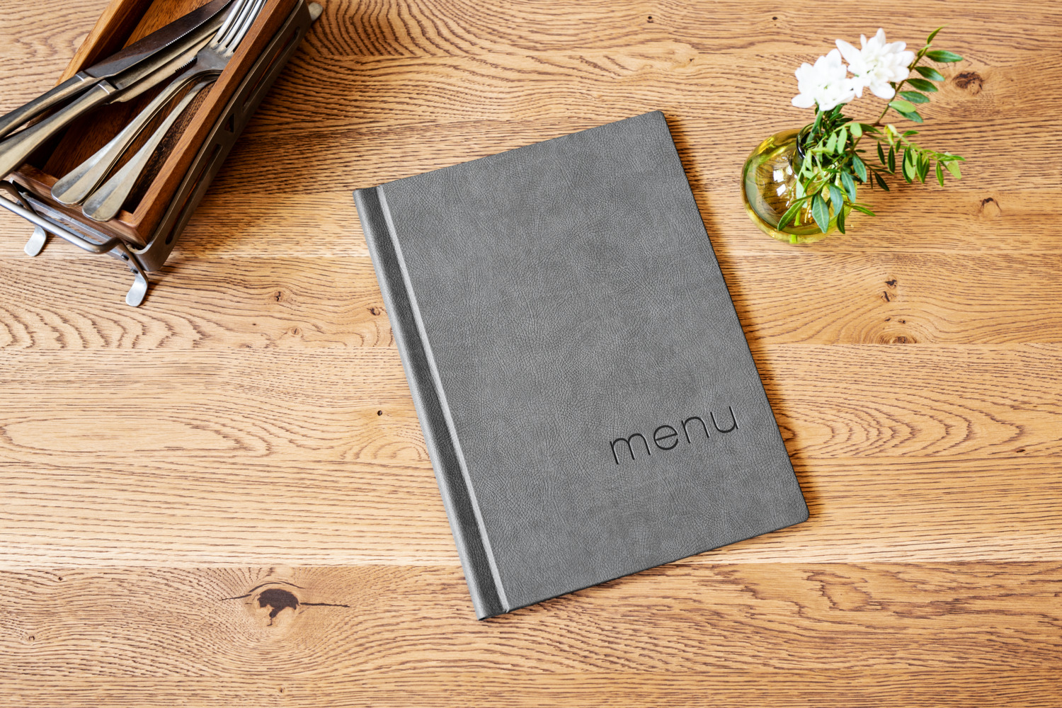 VEGA Perron Menu Binder, DIN A4, Grey Polyurethane, Scratch-Resistant and Water-Repellent, 10-40 Sheets Capacity, Embossed MENU