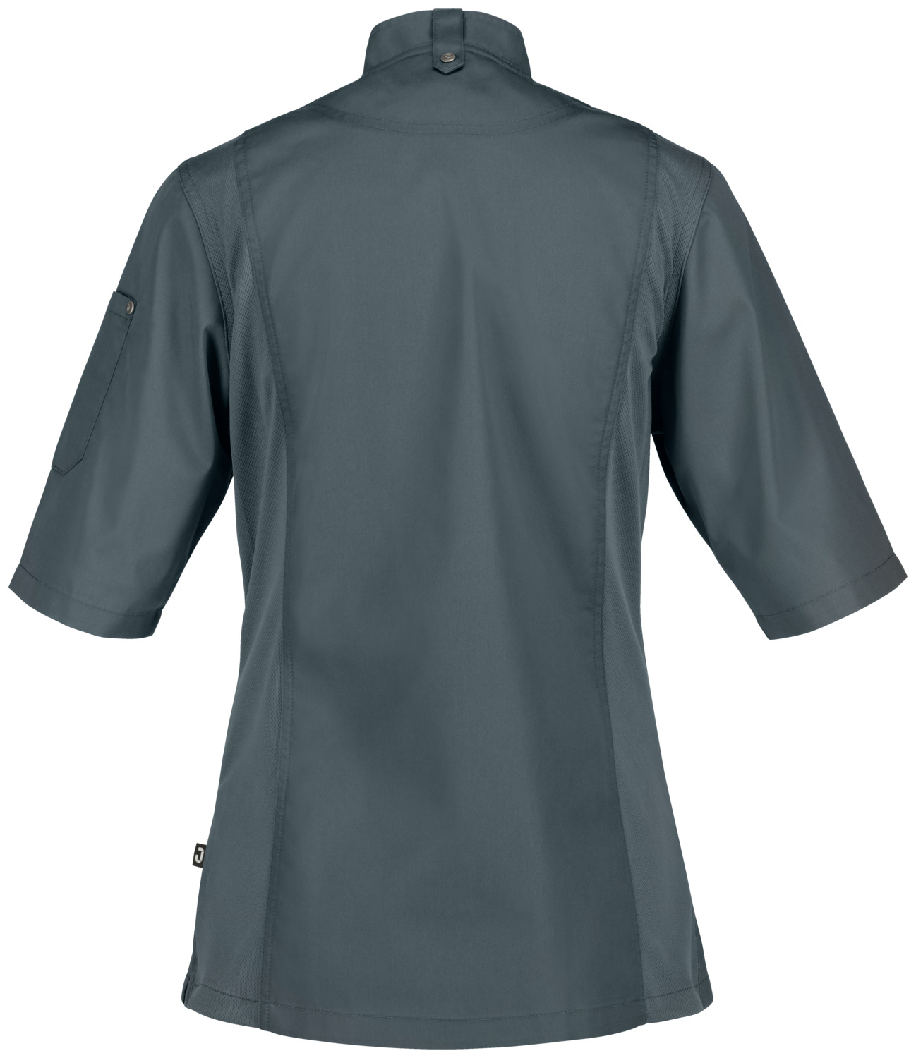 JOBELINE LUSINI Solutions GmbH Women's chef's jacket Carter short-sleeved Damen Kochjacke Carter Kurzarm Women's chef's jacket Carter short-sleeved; Size 48; greyish blue Damen Kochjacke Carter Kurzarm; Kleidergröße 48; graublau 65 % polyester, 35 % cotton. 150 g/m². 60 °C wash. Short-sleeved women's chef jacket made of extra-lightweight but sturdy fabric. With stand-up collar, breathable mesh inserts on the side, two-section upper arm pocket and bib apron loop in the neck. Closes with snaps in a concealed snap placket.  Slightly waisted cut. Back length: 68 cm for size 36. 65 % Polyester, 35 % Baumwolle. 150 g/m². 60°-Wäsche Kurzärmlige Damenkochjacke aus extra leichtem, aber robustem Gewebe. Mit Stehkragen, atmungsaktiven Mesh-Einsätzen an der Seite, zweigeteilter Oberarmtasche und Latzschürzenschlaufe im Nacken. Verschließbar mit Druckknöpfen in einer verdeckten Druckknopfleiste.  Leicht tailliert geschnitten. Rückenlänge: 68 cm in Gr. 36