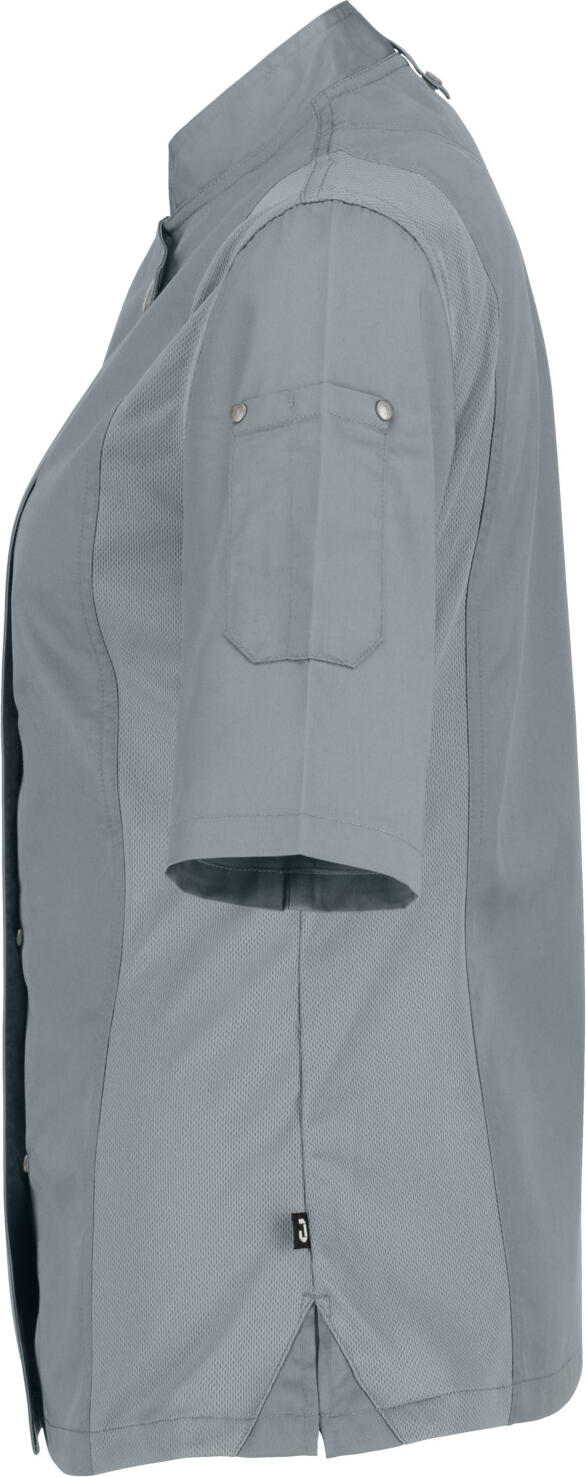 JOBELINE LUSINI Solutions GmbH Women's chef's jacket Carter short-sleeved Damen Kochjacke Carter Kurzarm Women's chef's jacket Carter short-sleeved; Size 48; grey Damen Kochjacke Carter Kurzarm; Kleidergröße 48; grau 65 % polyester, 35 % cotton. 150 g/m². 60 °C wash. Short-sleeved women's chef jacket made of extra-lightweight but sturdy fabric. With stand-up collar, breathable mesh inserts on the side, two-section upper arm pocket and bib apron loop in the neck. Closes with snaps in a concealed snap placket.  Slightly waisted cut. Back length: 68 cm for size 36. 65 % Polyester, 35 % Baumwolle. 150 g/m². 60°-Wäsche Kurzärmlige Damenkochjacke aus extra leichtem, aber robustem Gewebe. Mit Stehkragen, atmungsaktiven Mesh-Einsätzen an der Seite, zweigeteilter Oberarmtasche und Latzschürzenschlaufe im Nacken. Verschließbar mit Druckknöpfen in einer verdeckten Druckknopfleiste.  Leicht tailliert geschnitten. Rückenlänge: 68 cm in Gr. 36
