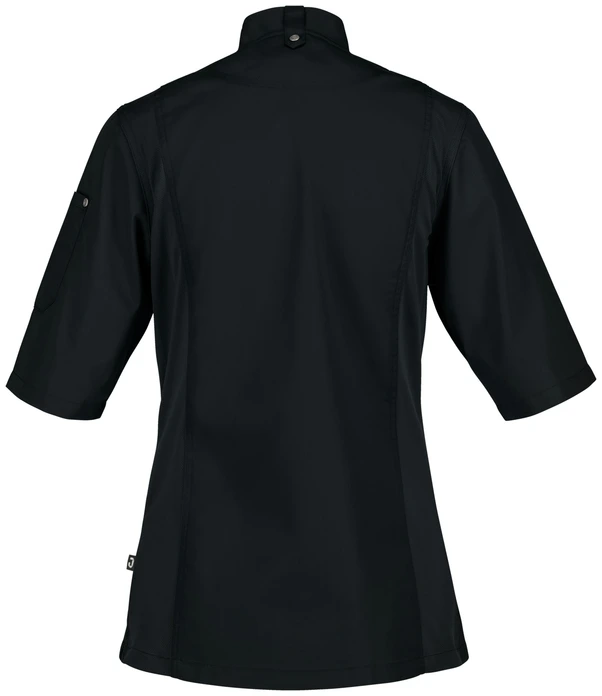 JOBELINE LUSINI Solutions GmbH Women's chef's jacket Carter short-sleeved Damen Kochjacke Carter Kurzarm Women's chef's jacket Carter short-sleeved; Size 54; black Damen Kochjacke Carter Kurzarm; Kleidergröße 54; schwarz 65 % polyester, 35 % cotton. 150 g/m². 60 °C wash. Short-sleeved women's chef jacket made of extra-lightweight but sturdy fabric. With stand-up collar, breathable mesh inserts on the side, two-section upper arm pocket and bib apron loop in the neck. Closes with snaps in a concealed snap placket. Slightly waisted cut. Back length: 68 cm for size 36. 65 % Polyester, 35 % Baumwolle. 150 g/m². 60°-Wäsche Kurzärmlige Damenkochjacke aus extra leichtem, aber robustem Gewebe. Mit Stehkragen, atmungsaktiven Mesh-Einsätzen an der Seite, zweigeteilter Oberarmtasche und Latzschürzenschlaufe im Nacken. Verschließbar mit Druckknöpfen in einer verdeckten Druckknopfleiste. Leicht tailliert geschnitten. Rückenlänge: 68 cm in Gr. 36
