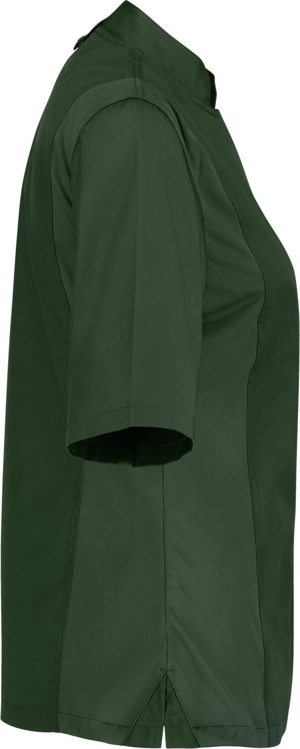 JOBELINE LUSINI Solutions GmbH Women's chef's jacket Carter short-sleeved Damen Kochjacke Carter Kurzarm Women's chef's jacket Carter short-sleeved; Size 38; dark olive Damen Kochjacke Carter Kurzarm; Kleidergröße 38; dunkeloliv 65 % polyester, 35 % cotton. 150 g/m². 60 °C wash. Short-sleeved women's chef jacket made of extra-lightweight but sturdy fabric. With stand-up collar, breathable mesh inserts on the side, two-section upper arm pocket and bib apron loop in the neck. Closes with snaps in a concealed snap placket.  Slightly waisted cut. Back length: 68 cm for size 36. 65 % Polyester, 35 % Baumwolle. 150 g/m². 60°-Wäsche Kurzärmlige Damenkochjacke aus extra leichtem, aber robustem Gewebe. Mit Stehkragen, atmungsaktiven Mesh-Einsätzen an der Seite, zweigeteilter Oberarmtasche und Latzschürzenschlaufe im Nacken. Verschließbar mit Druckknöpfen in einer verdeckten Druckknopfleiste.  Leicht tailliert geschnitten. Rückenlänge: 68 cm in Gr. 36
