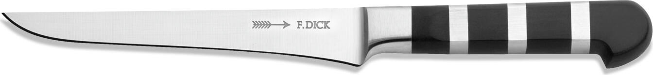 F. Dick Friedr.Dick GmbH & Co. KG Boning knife 1905 flexibel Ausbeinmesser 1905 flexibel Boning knife 1905 flexibel; Blade length 15 cm, 28 cm (L); silver/black Ausbeinmesser 1905 flexibel; Klingenlänge 15 cm, 28 cm (L); silber/schwarz Are you tired of unnecessary waste? With the flexible and slender blade of the forged boning knife from our 1905 series, you can remove neither too much nor too little from your meat. It is ideal for removing bones and fat and tendons. With the typical massive ferrules of our 1905 series, your boning knife is also a real eye-catcher. The boning knife is 15 cm long and designed for extreme sharpness. With a hardness of 56 ° HRC, it has perfect edge retention and is ideal for easy resharpening. Du hast keine Lust mehr auf unnötigen Verschnitt? Mit der flexiblen und schlanken Klinge des geschmiedeten Ausbeinmessers aus unserer Serie 1905 entfernst du an deinem Schneidgut weder zu viel noch zu wenig. Es eignet sich hervorragend zum Herauslösen von Knochen und dem Entfernen von Fett und Sehnen. Mit den typischen massiven Zwingen unserer Serie 1905 ist dein Ausbeinmesser zudem ein echter Hingucker. Das Ausbeinmesser ist 15 cm lang und auf extreme Schärfe ausgelegt. Mit einer Härte von 56° HRC besitzt es eine perfekte Schnitthaltigkeit und eignet sich bestens für ein leichtes Nachschärfen.