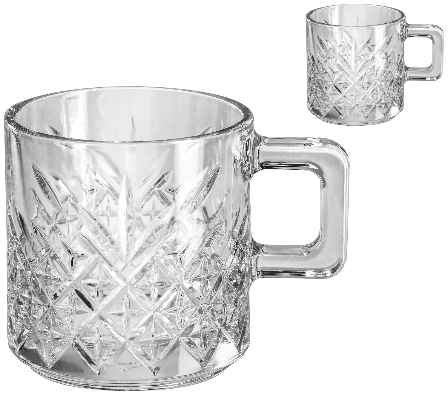 Pasabahce Timeless Coffee and Mulled Wine Glass Set of 2, 195ml Transparent Glass with Handle, Relief Diamond Pattern, Dishwasher Safe, 8x7.8cm