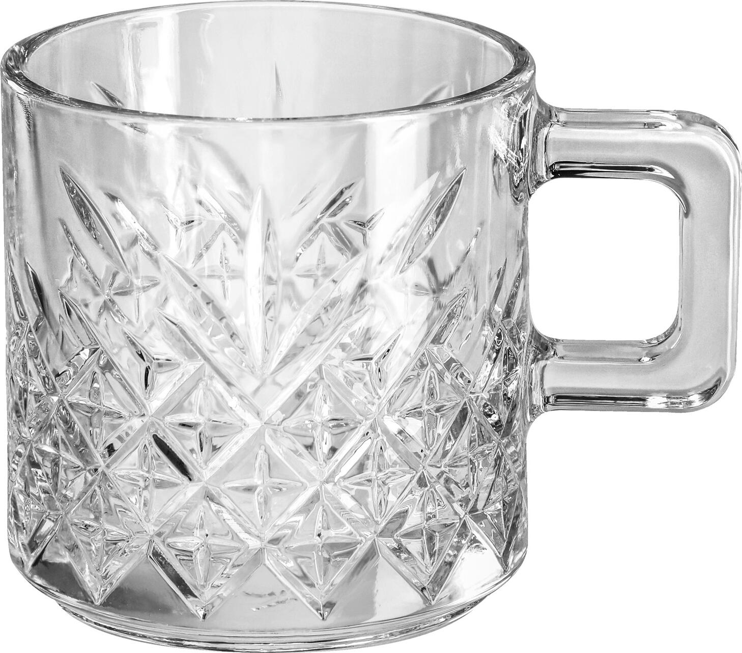 Pasabahce Timeless Coffee and Mulled Wine Glass Set of 2, 195ml Transparent Glass with Handle, Relief Diamond Pattern, Dishwasher Safe, 8x7.8cm