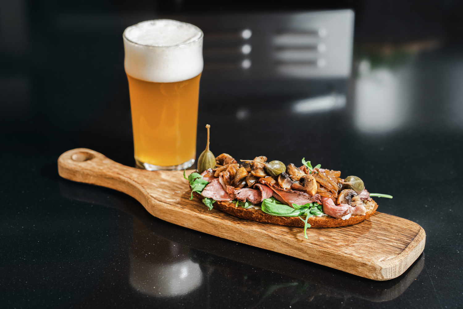 VEGA Burno Serving Board, Solid Oak Wood Food Platter, Burnt Oiled Finish, 40 x 10 x 2 cm, Rectangular with Handle