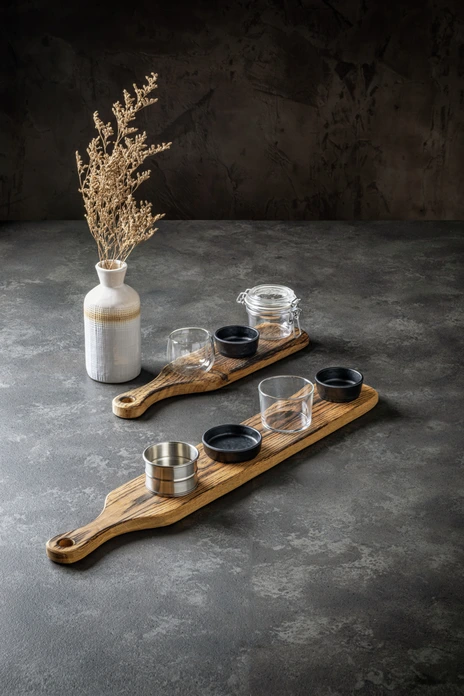 VEGA Burno Serving Board, Solid Oak Wood Food Platter, Burnt Oiled Finish, 40 x 10 x 2 cm, Rectangular with Handle