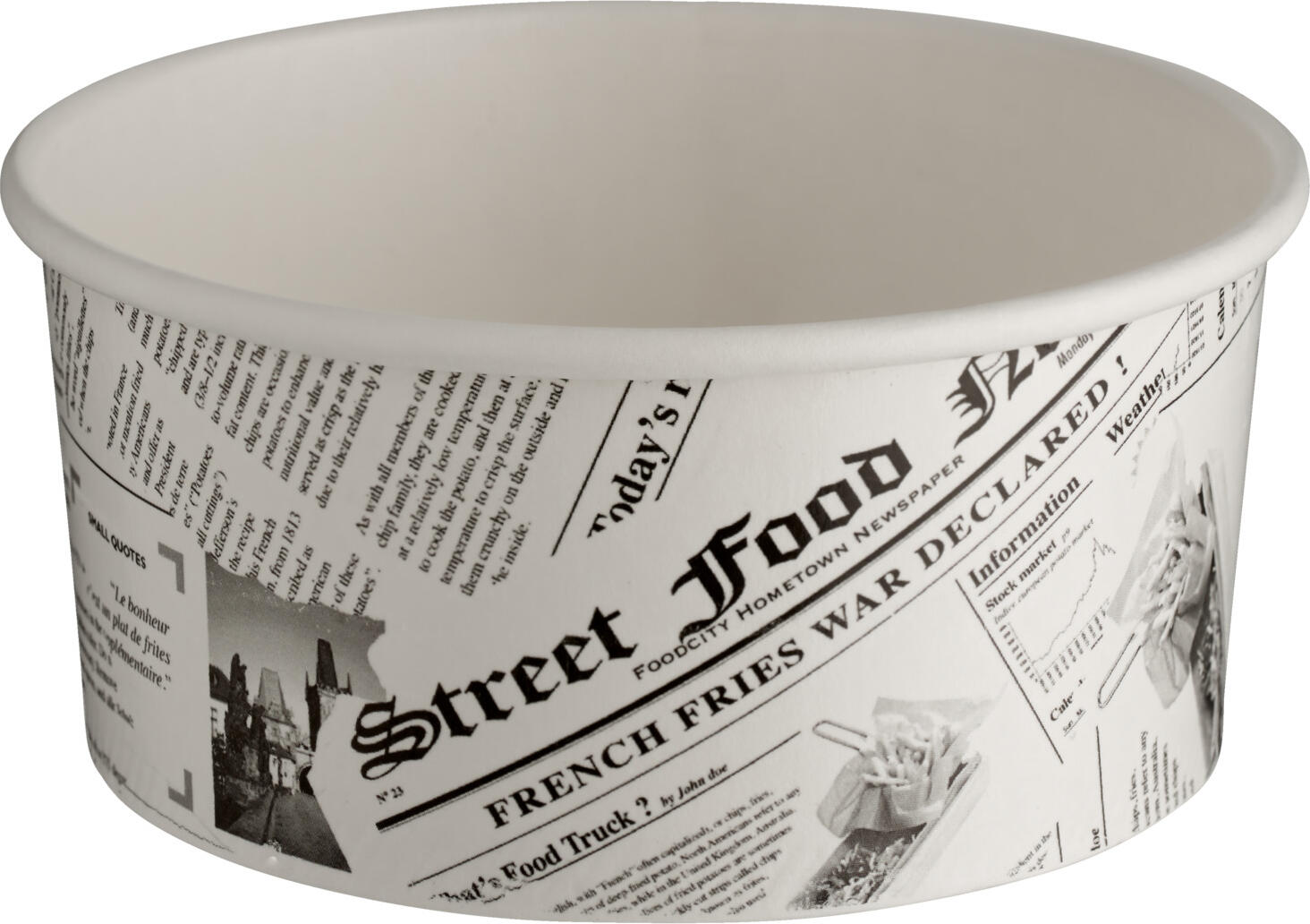 First FFC Cup with newsprint look Becher mit Zeitungspapier-Optik Cup with newsprint look; 350 ml, 11.2x5.1 cm (ØxH); black/white; 50 piece / pack Becher mit Zeitungspapier-Optik; 350 ml, 11.2x5.1 cm (ØxH); schwarz/weiß; 50 Stück / Pack Versatile cardboard cup with newsprint look made of strong, grease resistant cardboard. This cup offers the possibility to serve food on the go in an attractive way. The paper cups are ideal for street vending and can be filled with cold and hot food alike. The disposable cups are microwaveable, so you can heat food in portions. It is also possible to store food and dishes in the paper cups in the refrigerator and freezer. The cups with newspaper print are stackable, therefore space-saving to store, and available in different sizes. Supplied in convenient pack of 50. Lids can be ordered separately. These are suitable for all cup sizes. Vielseitig verwendbarer Pappbecher mit Zeitungpapier-Optik aus fester, fettresistenter Pappe. Dieser Becher bietet die Möglichkeit, Speisen für unterwegs auf attraktive Weise anzurichten. Die Pappbecher eignen sich ideal für den Straßenverkauf und kann mit kalten und warmen Speisen gleichermaßen befüllt werden. Die Einwegbecher sind mikrowellengeeignet, so dass Sie Speisen portionsweise erhitzen können. Außerdem ist es möglich, in den Pappbechern Nahrungsmittel und Gerichte im Kühlschrank und der Gefriertruhe aufzubewahren. Die Becher mit Zeitungsdruck sind stapelbar, daher platzsparend aufzubewahren, und in verschiedenen Größen erhältlich. Lieferung in praktischer 50er-Packung. Deckel können Sie separat mitbestellen. Diese sind passend für alle Bechergrößen.