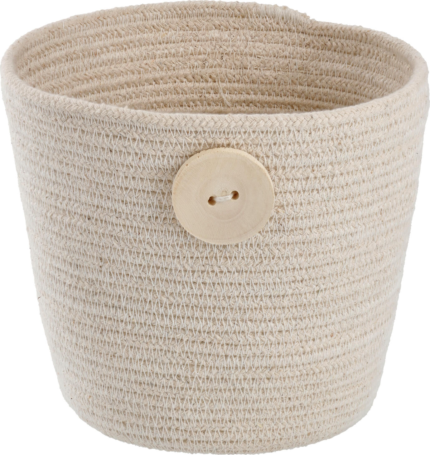 Vega Ekil Decorative Cotton Basket, Round Cream White Storage Bin with Wooden Button, 15x13 cm