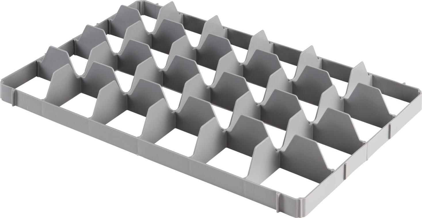 Ringoplast Ringoplast Leubsdorf GmbH Shelf insert Komfort Ø 8.7 cm / lower part Fachwerkeinsatz Komfort Ø 8.7 cm / unten Shelf insert Komfort Ø 8.7 cm / lower part; 60x40x6.2 cm (WxDxH); grey Fachwerkeinsatz Komfort Ø 8.7 cm / unten; 60x40x6.2 cm (BxTxH); grau Shelf insert for transport and rinsing systems made of polyethylene. With 24 compartments. Ideal for transporting jars with a maximum of 8.7 cm, depending on the size also with handle. This bottom part can be easily inserted into the box and removed. For even better fixation of glasses, order the matching shelf insert top part at the same time. Dishwasher safe. Fachwerkeinsatz für Transport- und Spülkastensysteme aus Polyethylen. Mit 24 Fächern. Ideal zum Transportieren von Gläsern mit maximal 8,7 cm, je nach Größe auch mit Henkel. Dieses Bodenteil lässt sich einfach in den Kasten einfügen und entnehmen. Zum noch besseren Fixieren von Gläsern das passende Fachwerkeinsatz Oberteil gleich mitbestellen. Spülmaschinenfest.