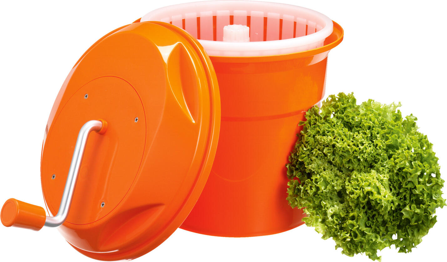 PULSIVA LUSINI Solutions GmbH Salad Spinner, 12L, Bowl Diameter 34 cm, Manual Crank Handle, High Quality Polypropylene Plastic, Round, Orange, with Drain Hose