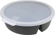 koziol koziol »ideas for friends GmbH Reusable container Move 2 compartments Mehrweg-Menübehälter Move 2-geteilt Reusable container Move 2 compartments; 1100 ml, 22.8x5.8 cm (ØxH); grey; round; 10 piece / pack Mehrweg-Menübehälter Move 2-geteilt; 1100 ml, 22.8x5.8 cm (ØxH); grau; rund; 10 Stück / Pack Reusable 2-compartment (350 ml + 750 ml) menu container with lid made of bio-based plastic and wood fibers. The lid has an integrated slot for labels and seals to prevent leaks. Provides reliable temperature resistance between -20 °C and +100 °C. Stackable in compact form, recyclable, suitable for industrial dishwasher, microwaveable (simply turn lid), BPA-free, melamine-free. Wiederverwendbarer zweigeteilter (350 ml + 750 ml) Menübehälter mit Deckel aus biozirkulären Kunststoff und Holzfasern. Der Deckel hat einen integrierten Schlitz für Etiketten und verschließt auslaufsicher. Die Temperaturbeständigkeit ist zwischen -20 °C und +100 °C zuverlässig gewährleistet. Kompakt stapelbar, recyclebar, Industriespülmaschinengeeignet, mikrowellengeeignet (Deckel einfach umdrehen), BPA frei, melaminfrei.