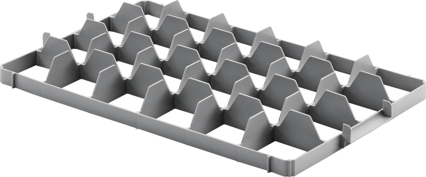 Ringoplast Ringoplast Leubsdorf GmbH Shelf insert Komfort Ø 8.7cm / top part Fachwerkeinsatz Komfort Ø 8,7cm / oben Shelf insert Komfort Ø 8.7cm / top part; 60x40x6.2 cm (WxDxH); grey Fachwerkeinsatz Komfort Ø 8,7cm / oben; 60x40x6.2 cm (BxTxH); grau Shelf insert for transport and rinsing systems made of polyethylene. With 24 compartments. Ideal for transporting glasses with a maximum of 8.7 cm, depending on size also with handle. This top part fixes glasses in addition to the bottom by engaging them laterally in the handle recess of the crate. Dishwasher safe. Fachwerkeinsatz für Transport- und Spülkastensysteme aus Polyethylen. Mit 24 Fächern. Ideal zum Transportieren von Gläsern mit maximal 8,7 cm, je nach Größe auch mit Henkel. Dieses Oberteil fixiert Gläser zusätzlich zum Boden durch seitliches Einrasten in die Griffaussparung des Kastens. Spülmaschinenfest.