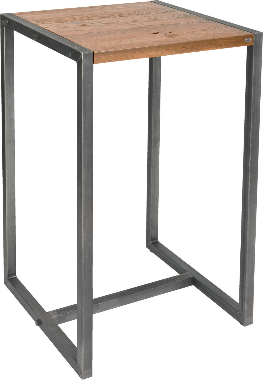 Masa Bar VEGA Torres Square, Blat din Lemn de Stejar Masiv Certificat FSC, Baza din Otel Vopsit Gri, Design Industrial, 70x70x110 cm