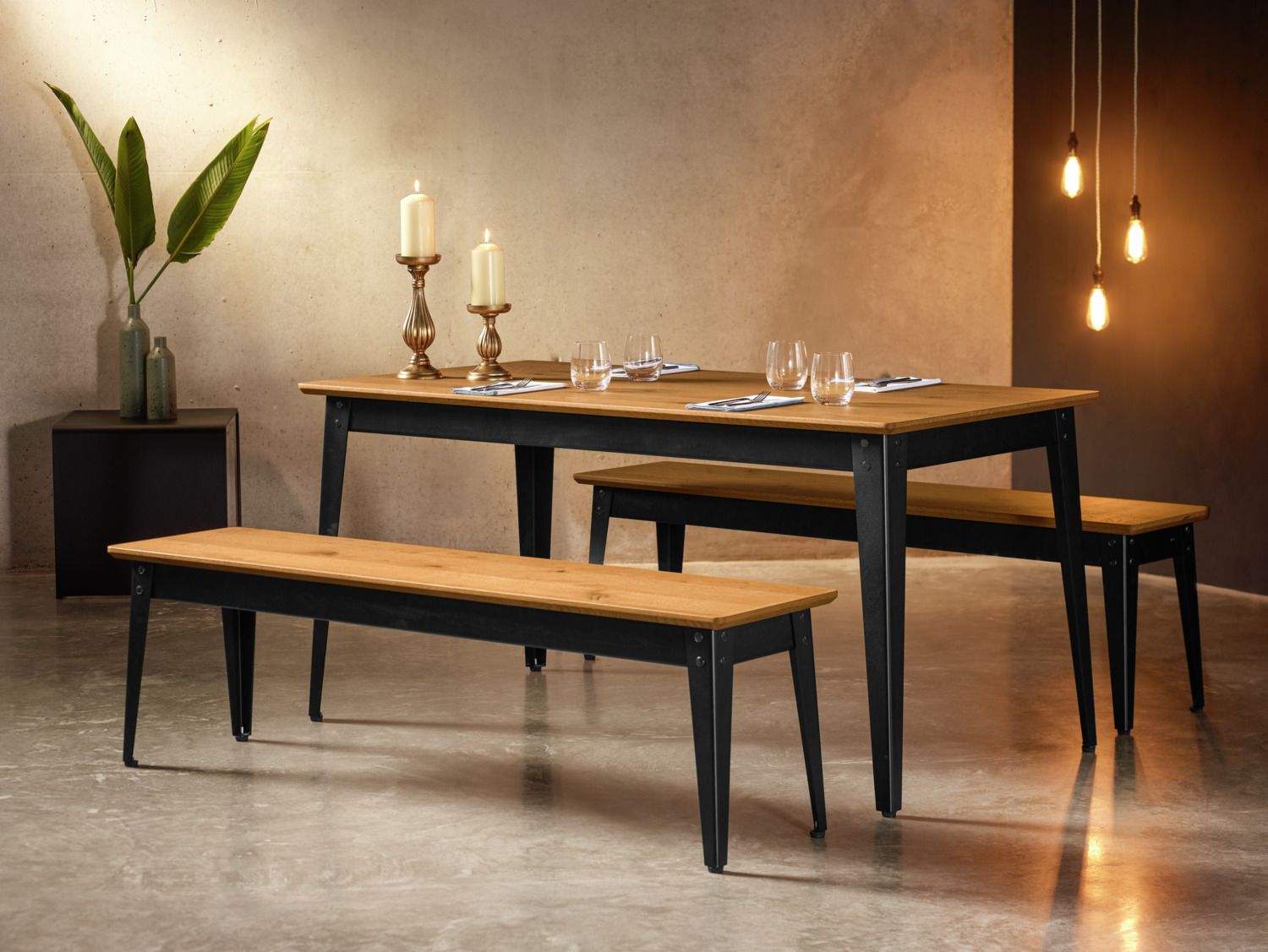 Bancă de interior VEGA Acerios cu 2 locuri, Furnir de lemn stejar sălbatic și oțel vopsit electrostatic negru, 160x35x46 cm, Design Industrial FSC