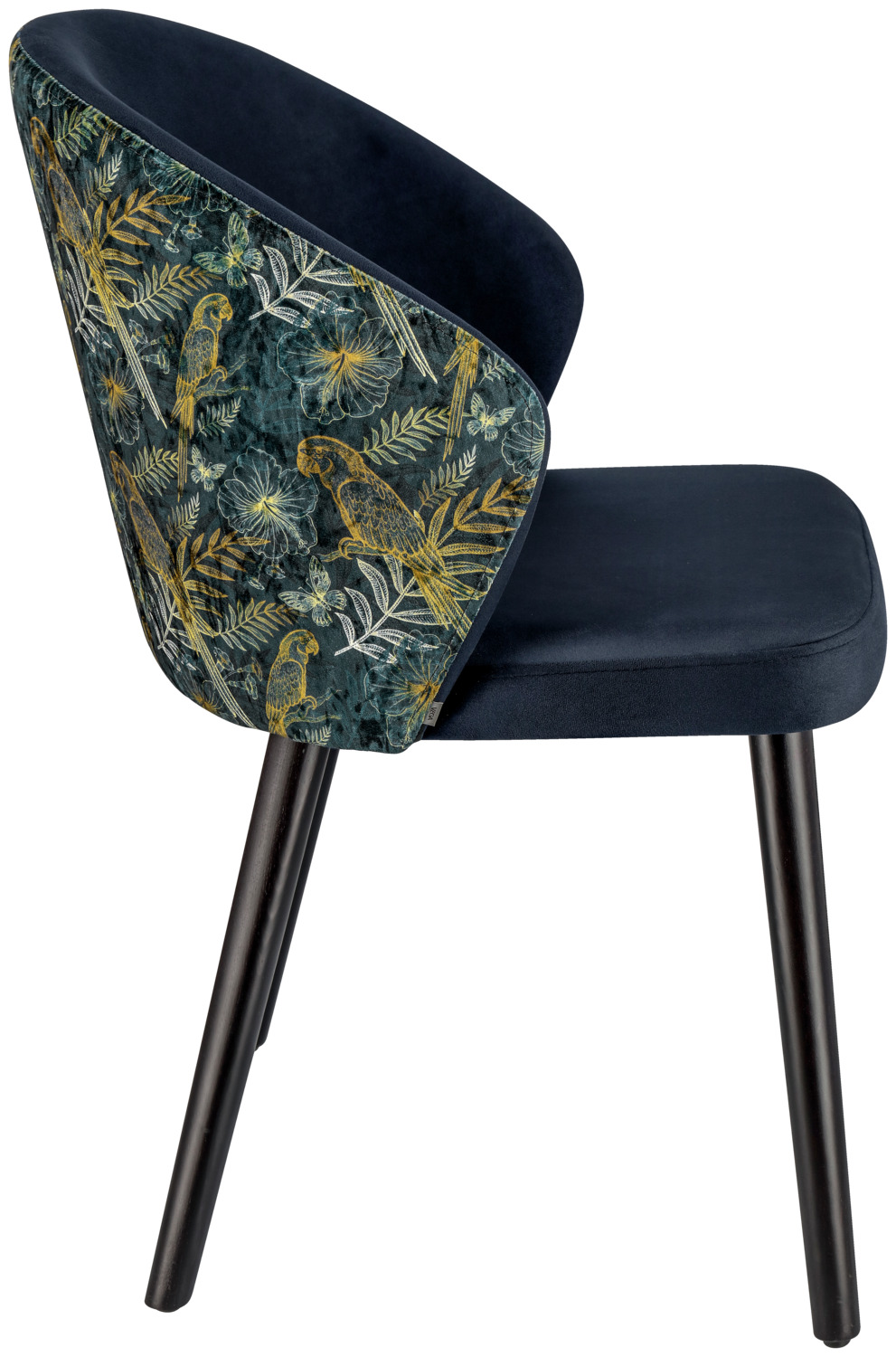 Scaun VEGA Chair Floral Ergonomic Tapitat, Catifea Albastra cu Imprimeu Tropical cu Papagali, Baza din Lemn de Fag Lacreuit, 54x59x82 cm, Max 160 kg