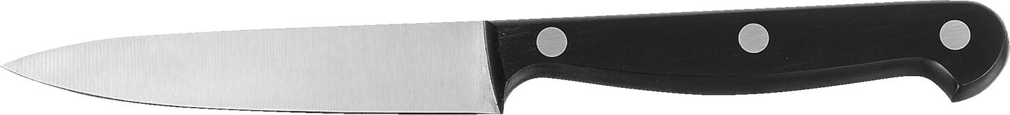 PULSIVA LUSINI Solutions GmbH Vegetable knife POM Gemüsemesser POM Vegetable knife POM; Blade length 10 cm, 20 cm (L); black Gemüsemesser POM; Klingenlänge 10 cm, 20 cm (L); schwarz Extremely sharp professional vegetable knife with blade made of corrosion-resistant chrome-molybdenum-vanadium steel in the alloy X50CrMoV15 and handle made of POM plastic (polyoxymethylene) - 3-fold riveted. Long-lasting sharpness guaranteed. Blade length 10cm, total length 20cm. Ergonomically shaped handle with a good weight balance between handle and blade for comfortable handling. Extrem scharfes Profi-Gemüsemesser mit Klinge aus korrosionsbeständigem Chrom-Molybdän-Vanadium Stahl in der Legierung X50CrMoV15 und Griff aus POM Kunststoff (Polyoxymethylen) - dreifach genietet. Langanhaltende Schärfe garantiert. Klingenlänge 10 cm, Gesamtlänge 20 cm. Ergonomisch geformter Griff mit einer guten Gewichts-Balance zwischen Griff und Klinge für eine komfortable Handhabung.