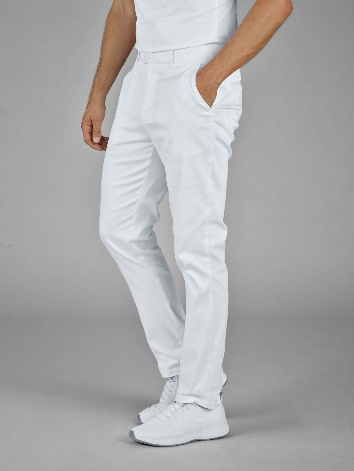 Jobeline Eddie Men's Professional Service Chinos, White, Size 56, Tapered Leg, Stretch Waistband, 69% Cotton 28% Polyester 3% Spandex, Breathable Functional Trousers