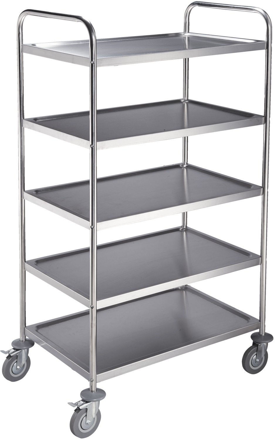 PULSIVA LUSINI Solutions GmbH Serving trolley Basic 5B Servierwagen Basic 5B Serving trolley Basic 5B; 85x53x156 cm (WxDxH); silver Servierwagen Basic 5B; 85x53x156 cm (BxTxH); silber Robust trolley made of stainless steel. 5 shelves each with 27,5 cm spacing and a storage space of 74x44 cm. Material thickness of the floors 0.8 mm, the pipes 0.9 mm. Maximum load limit 50 kg per board. 4 smooth-running wheels with Ø10 cm, 2 of them with parking brake. Total weight 27 kg. Robuster Servierwagen aus Edelstahl, rostfrei. Fünf Borde mit jeweils 27,5 cm Abstand und einer Abstellfläche von 74x44 cm. Materialstärke der Böden 0,8 mm, die Rohre 0,9 mm. Maximale Belastungsgrenze 20 kg pro Bord. Vier leichtgängige Rollen mit Ø 10 cm, Zwei davon mit Feststellbremse. Gesamtgewicht 27 kg. Einfache Selbstmontage.