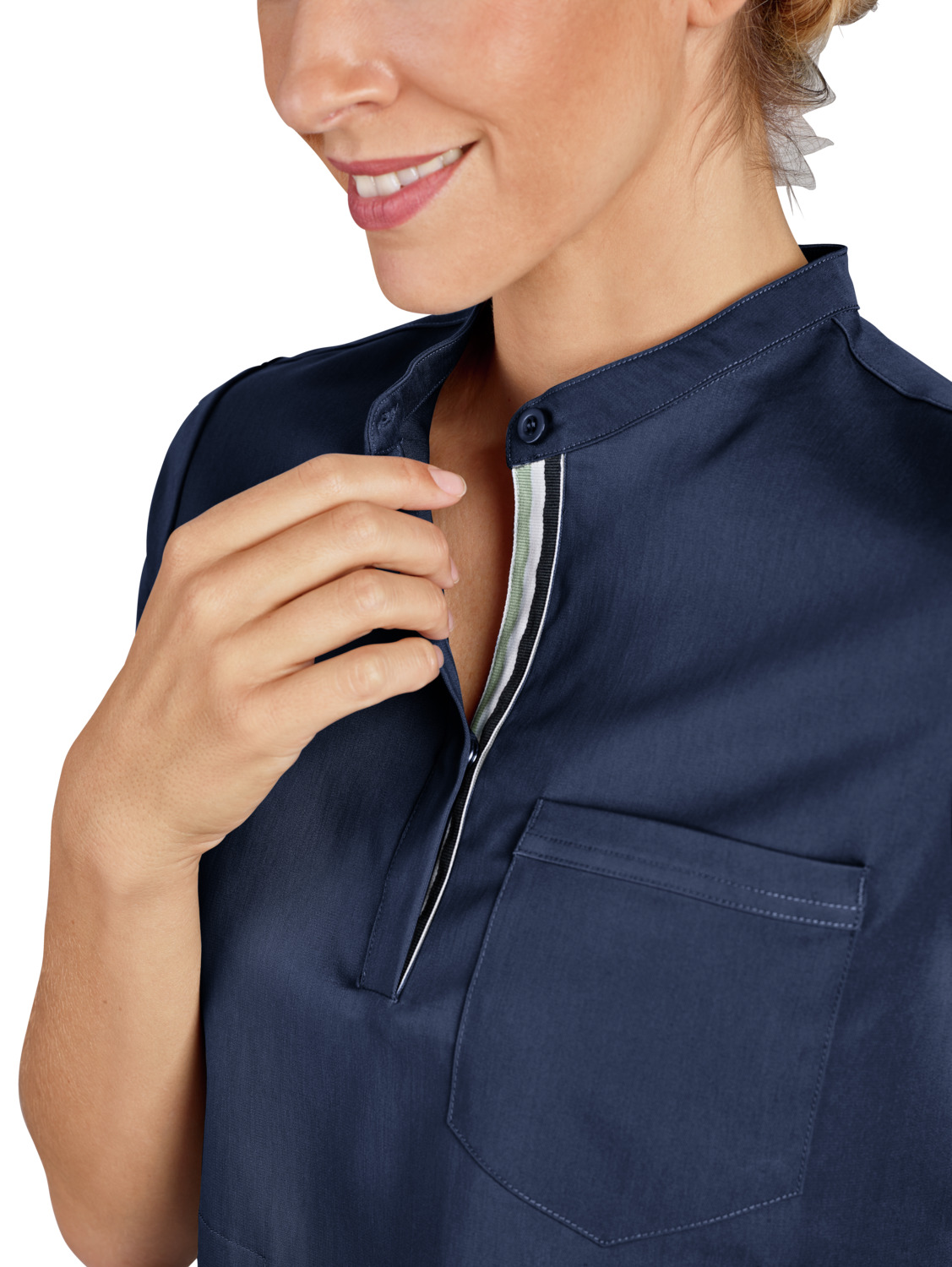 Jobeline Terni Women's Tunic, Lyocell Tencel and Polyester Blend, Polo Style Stand-up Collar, Short Sleeves, 3 Pockets, Breathable Casual Cut