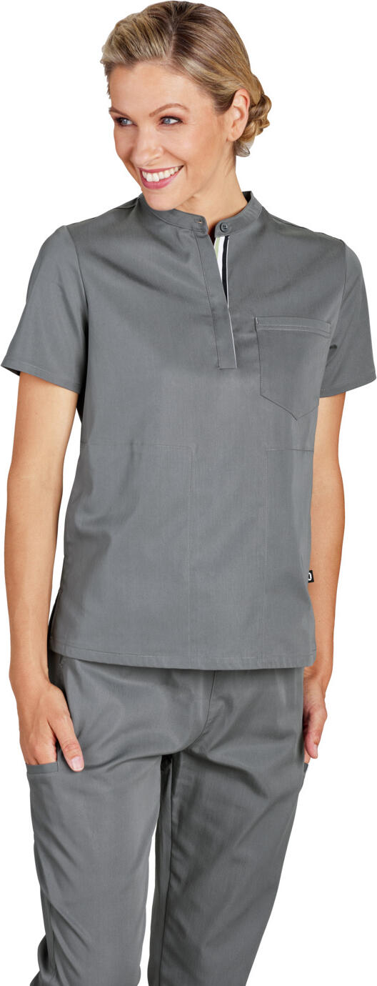 Jobeline Terni Women's Tunic, Lyocell Tencel and Polyester Blend, Short Sleeve Polo Style Nursing Smock with Pockets, Grey, Size S