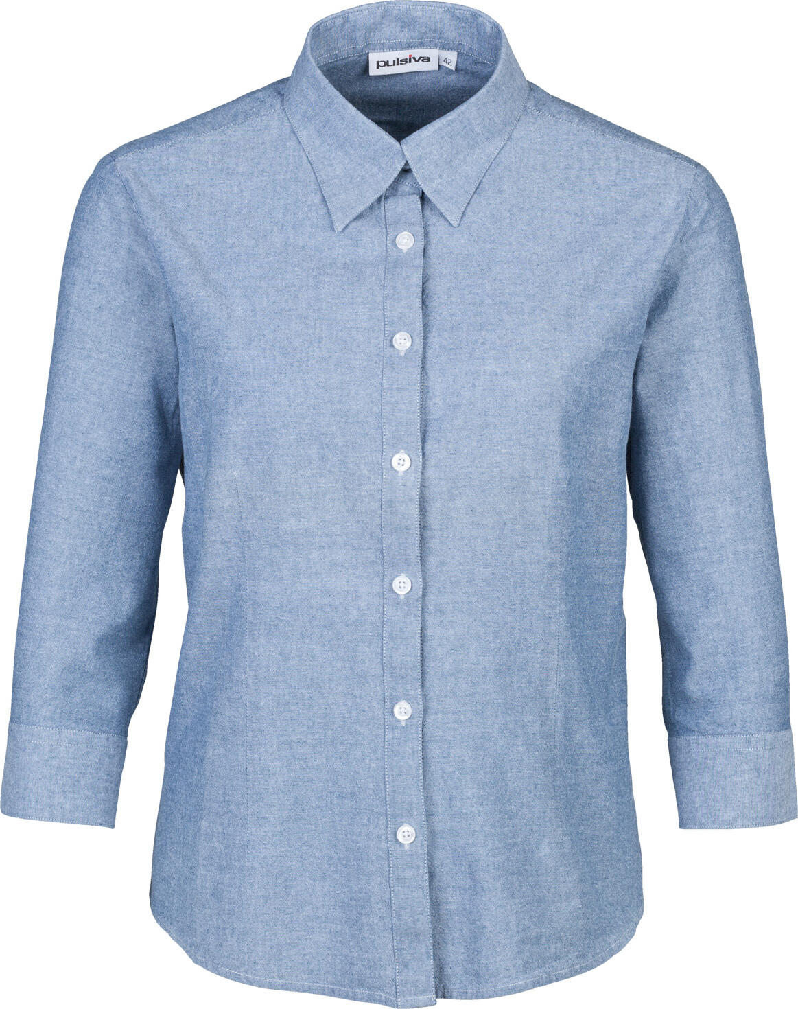 PULSIVA LUSINI Solutions GmbH Women's blouse Branda 3/4 sleeve Damenbluse Branda Dreiviertelarm Women's blouse Branda 3/4 sleeve; Size 48/50; blue Damenbluse Branda Dreiviertelarm; Kleidergröße 48/50; blau 100 % cotton. 60 °C wash. Modern women's blouse in chambray with three-quarter sleeves, button placket and 1-button cuffs. Also available with long sleeves. Fitted shape. Back length: 69 cm for size S. 100 % Baumwolle. 60°-Wäsche. Moderne Damenbluse in Chambray mit Dreiviertelarm, Knopfleiste und 1-Knopf-Manschette. Auch mit Langarm erhältlich. Taillierte Form. Rückenlänge: 69 cm in Gr S