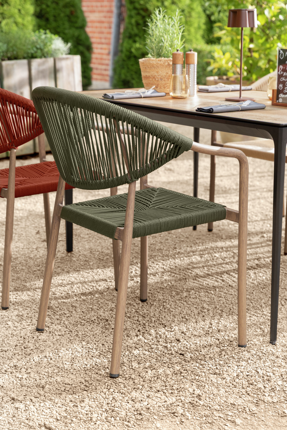 VEGA Arion Gastro Outdoor Chair Set of 2, Olive, Aluminium Wood-look Frame, Polyester Rope, Stackable, Weatherproof, 160kg Max Load, 50x43x85 cm