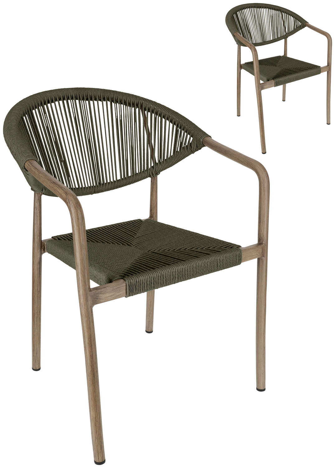 VEGA Arion Gastro Outdoor Chair Set of 2, Olive, Aluminium Wood-look Frame, Polyester Rope, Stackable, Weatherproof, 160kg Max Load, 50x43x85 cm