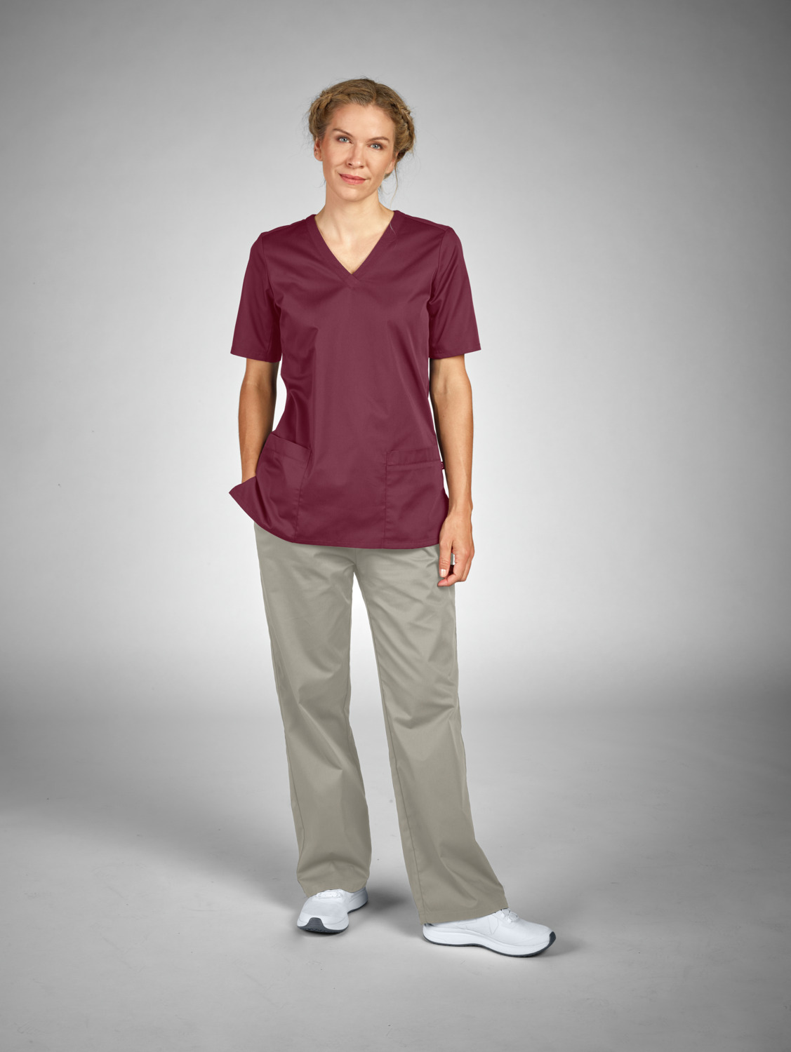 Jobeline Calva Women's Pull-On Tunic, Short-Sleeved V-Neck Medical Scrub, Polyester Cotton Blend with Breathable Piqué Back, 2 Patch Pockets