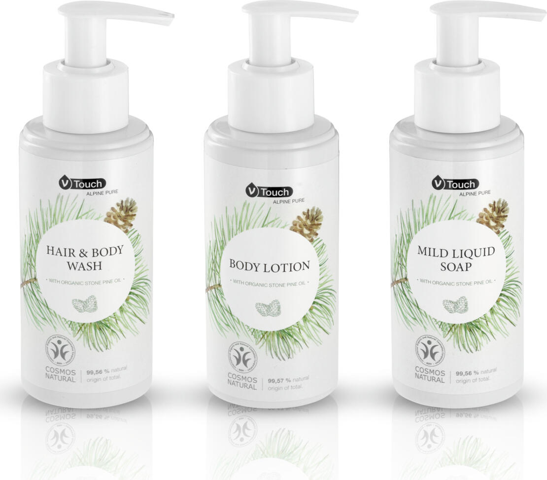 Set de 3 piese cosmetice de hotel V-Touch Alpine Pure, lotiune de corp, gel de dus si savon lichid natural vegan cu ulei organic de pin elvetian
