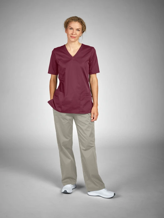 Jobeline Calva Women's Pull-on Tunic, V-neck Short-Sleeved Smock, Breathable Elastic Pique Back, 2 Patch Pockets, 65% Polyester 35% Cotton
