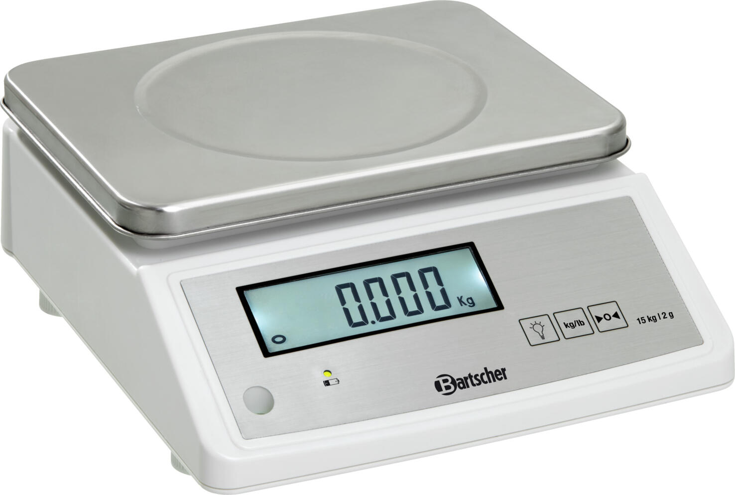 Bartscher Bartscher GmbH Kitchen scale 15 kg, 2GK Küchenwaage 15 kg, 2GK Kitchen scale 15 kg, 2GK; 33x28x12.5 cm (LxWxH); silver/white Küchenwaage 15 kg, 2GK; 33x28x12.5 cm (LxBxH); silber/weiß Practical kitchen scale with a weighing range up to 15 kg. Taring possible. Dimensions weighing surface WxD 28x22 cm, incl. digital display, indicator light, battery/power supply. Suitable for non-legal-for-trade weighing. Incl bubble level for correct alignment of the device. Connected load 0.004 kW, 230V / 50 Hz, weight 2.8kg. Resolution 2 g. Praktische Küchenwaage mit einem Wiegebereich bis 15 kg. Taxierung möglich. Maße Wiegefläche BxT 28x22 cm, Inkl. Digitalanzeige, Kontrollleuchte, Akku/Netzteil. Geeignet für nicht eichpflichtige Wägungen. Inkl. Libelle für eine korrekte Ausrichtung des Gerätes. Lieferung inklusive Akku und Netzteil, Batterien werden somit nicht benötigt. Anschlusswerte 0,004kW, 230V / 50 Hz, Gewicht 2,8 kg. Auflösung 2 g.