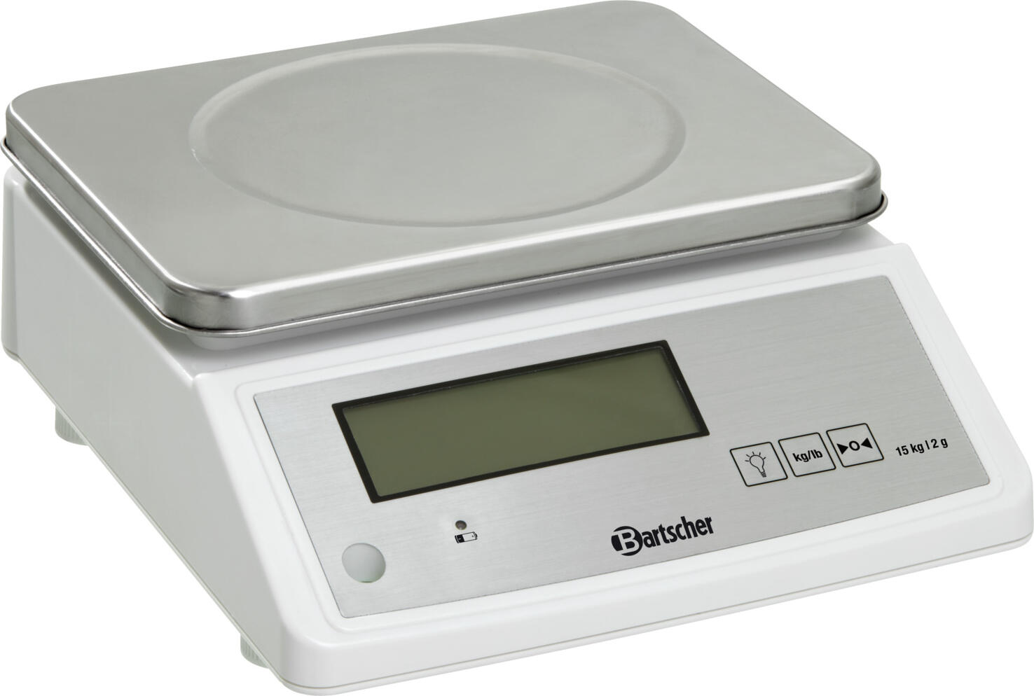 Bartscher 2GK Digital Kitchen Scale, 15 kg Capacity, 2 g Resolution, Stainless Steel 18/10, Tare Function, Spirit Level, Rechargeable Battery