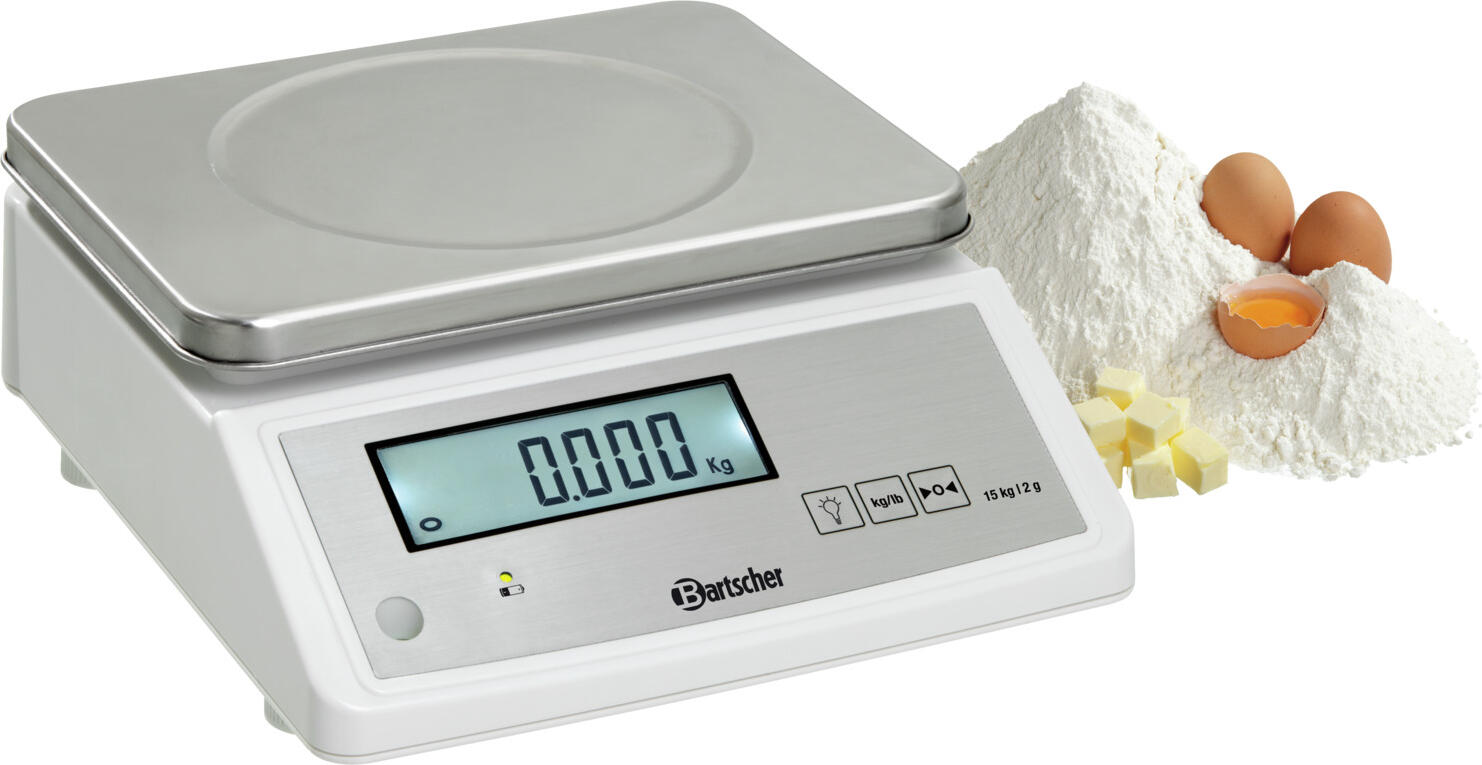 Bartscher 2GK Digital Kitchen Scale, 15 kg Capacity, 2 g Resolution, Stainless Steel 18/10, Tare Function, Spirit Level, Rechargeable Battery