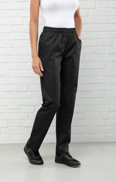 PULSIVA LUSINI Solutions GmbH Women's chef trousers Liam Damen Kochhose Liam Women's chef trousers Liam; Size 38; black Damen Kochhose Liam; Kleidergröße 38; schwarz 65 % polyester, 35 % cotton. 200 g/m². 60 °C wash. Solid, practical women's chef trousers made of easy-care, smooth fabric. Back with two patch pockets, two side pockets, flexible elastic waistband with internal cord for optimal width adjustment. Comfortable, straight cut with comfortable fit. Inside leg length: 78 cm for size 36. 65 % Polyester, 35 % Baumwolle. 200 g/m². 60°-Wäsche. Solide, praktische Damenkochhose aus pflegeleichtem, glattem Gewebe. Rückenteil mit zwei aufgesetzten Taschen, zwei seitliche Eingriffstaschen, flexibler Gummibund mit innenliegender Kordel zur optimalen Weitenregulierung. Komfortabler, gerader Schnitt mit bequemer Passform. Innenbeinlänge: 78 cm in Gr 36