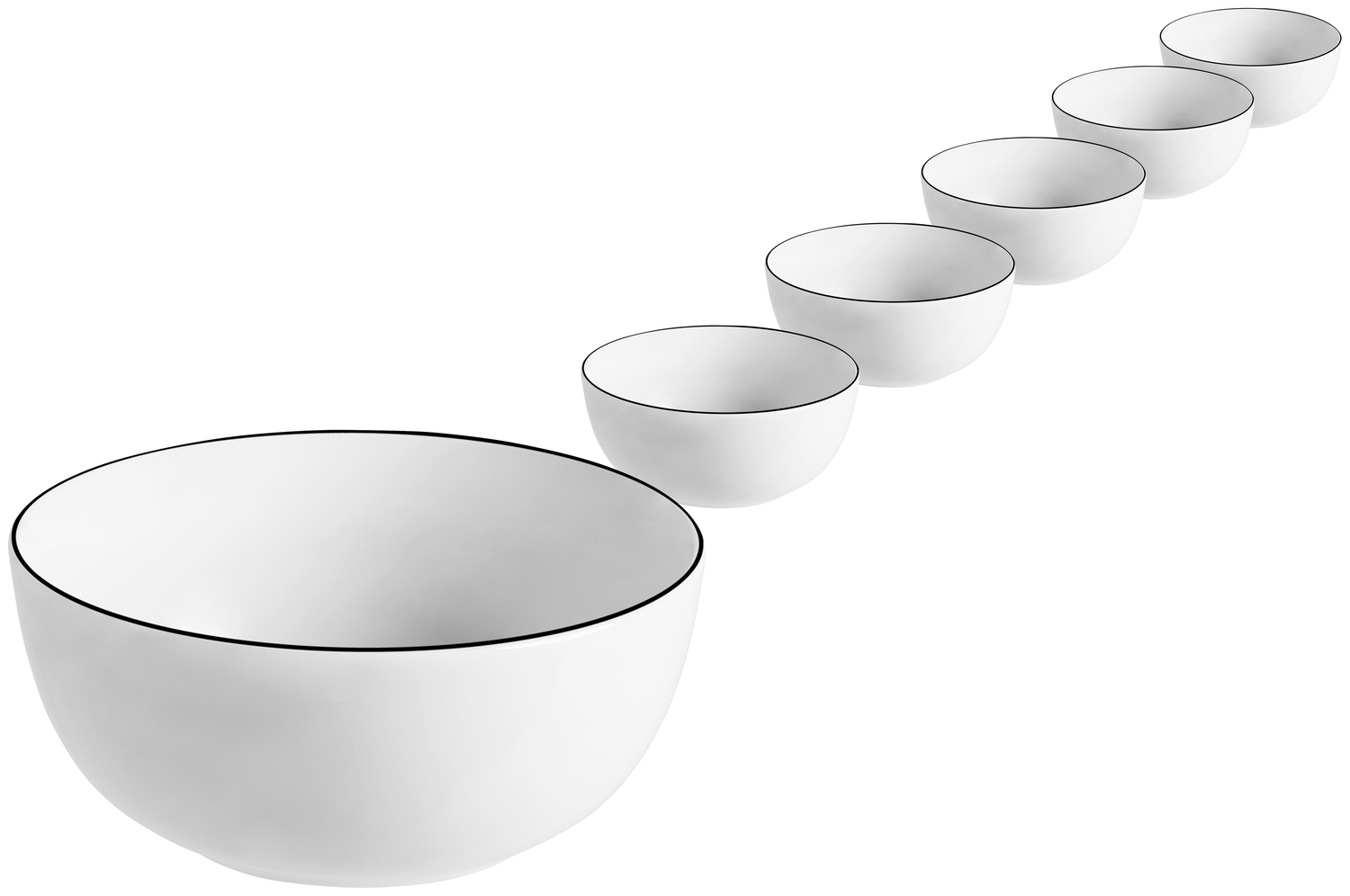 Set de 6 boluri din porțelan VEGA Bellino, 470ml, Diametru 13cm, Alb cu Margine Neagră, Compatibile cu Cuptorul cu Microunde și Mașina de Spălat Vase, Pictate Manual