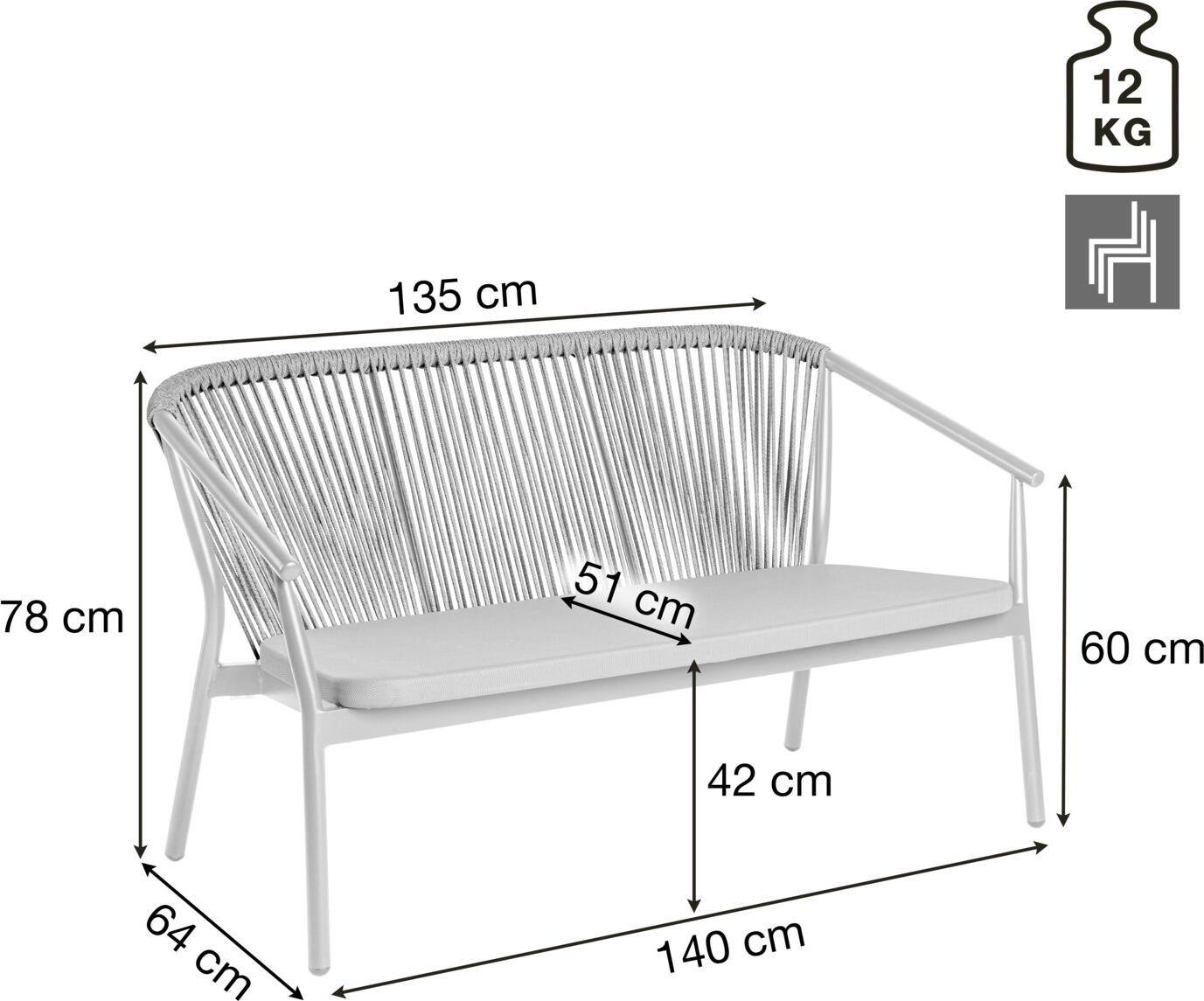 Vega Calvo 3-Seater Outdoor Sofa, Powder-Coated Aluminum Frame, Rope Wickerwork and Batyline Textile, Weatherproof and Stackable, Anthracite, 140cm