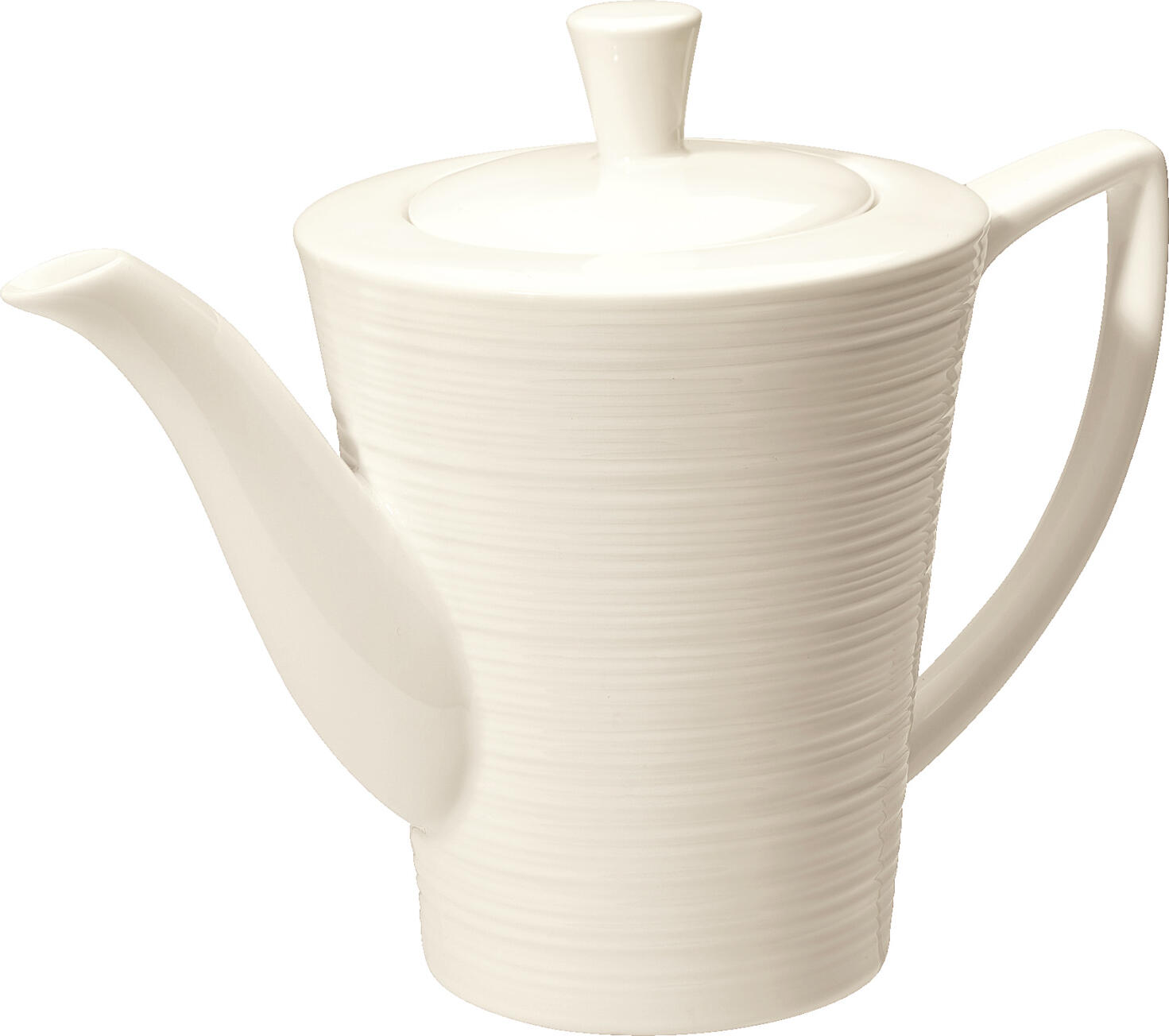 VEGA LUSINI Solutions GmbH Coffee pot Skyline Kaffeekanne  Skyline Coffee pot Skyline; 420 ml, 10x14.5 cm (ØxH); cream white; round; 6 piece / pack Kaffeekanne  Skyline; 420 ml, 10x14.5 cm (ØxH); cremeweiß; rund; 6 Stück / Pack Cream colored bone china coffee pot with lid with relief. Modern design. High resistance. Brilliant glaze. Dishwasher safe and microwaveable. Cremefarbene Kaffeekanne mit Deckel aus Bone-China mit Relief. Modernes Design. Hohe Widerstandsfähigkeit. Brillante Glasur. Spülmaschinenfest und mikrowellengeeignet.