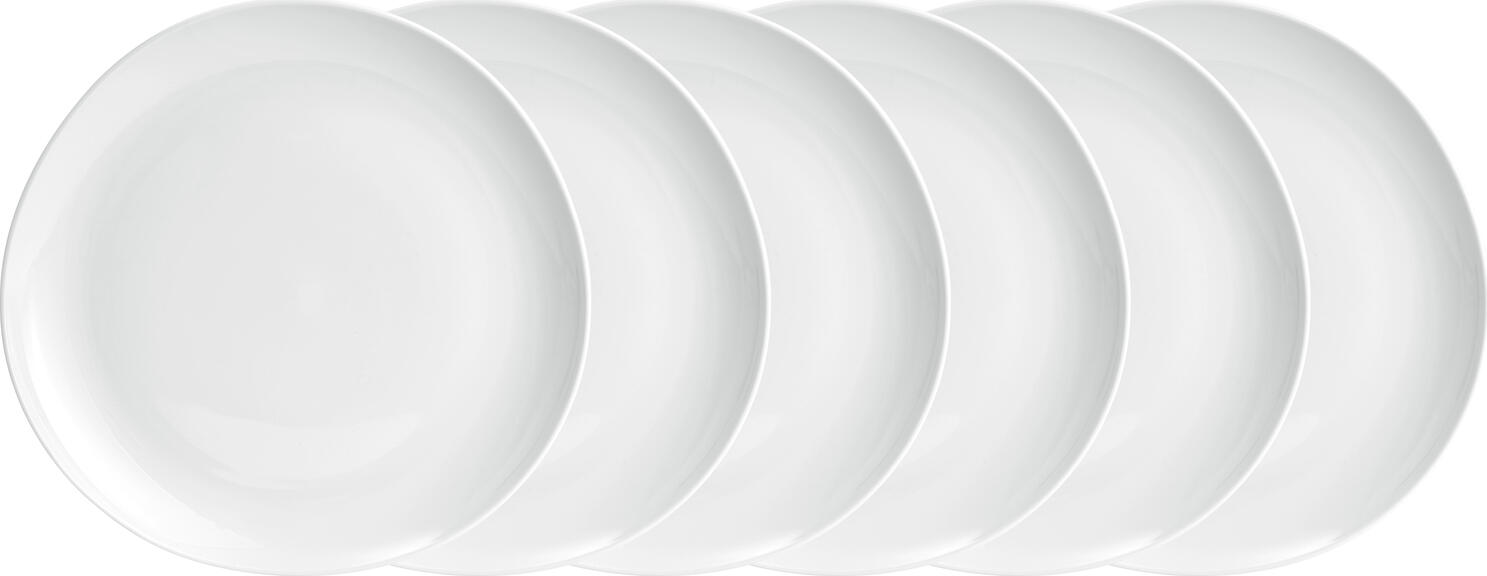 Set de 6 farfurii plate din porțelan VEGA Ovalize, formă rotundă organică, culoare albă, 25x3 cm, rezistente la mașina de spălat vase și cuptor cu microunde