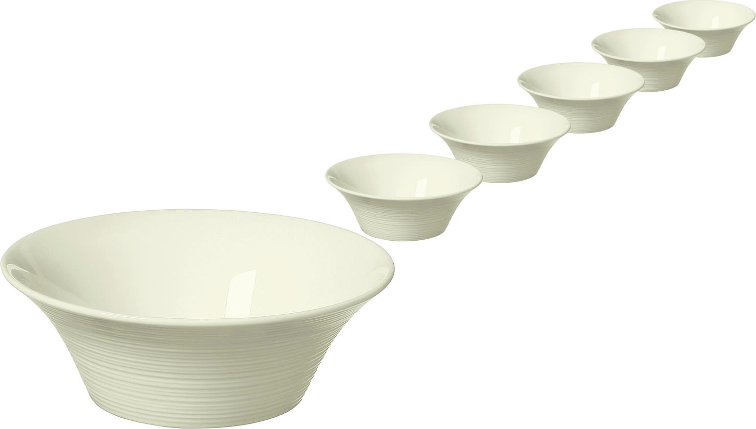 VEGA LUSINI Solutions GmbH Bowl  Skyline Schale Skyline Bowl  Skyline; 300 ml, 17.5x6 cm (ØxH); cream white; round; 6 piece / pack Schale Skyline; 300 ml, 17.5x6 cm (ØxH); cremeweiß; rund; 6 Stück / Pack Cream colored bone china bowl with relief. Modern design. High resistance. Brilliant glaze. Dishwasher safe and microwaveable. Cremefarbene Schale aus Bone-China mit Relief. Modernes Design. Hohe Widerstandsfähigkeit. Brillante Glasur. Spülmaschinenfest und mikrowellengeeignet.