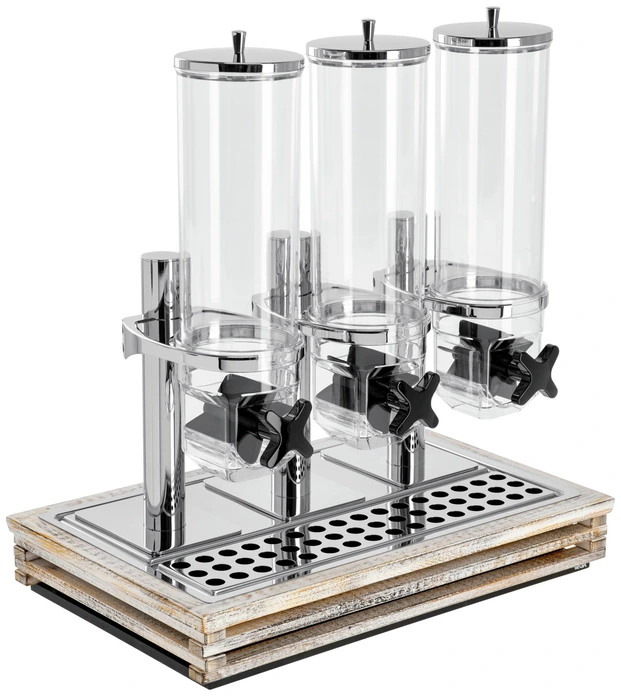 Set de 3 dozatoare de musli si cereale VEGA Natchez Triple, capacitate 3 x 4L, containere din Tritan rezistente la spargere, cutie bufet lemn GN 1/1