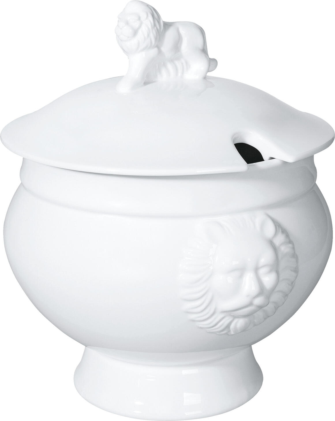 Tureen PULSIVA Matur cu capete de leu, Porțelan Alb, Capacitate 3500 ml, Diametru 19.5 cm, Compatibil cu Cuptorul cu Microunde si Masina de Spalat Vase, Fara Capac