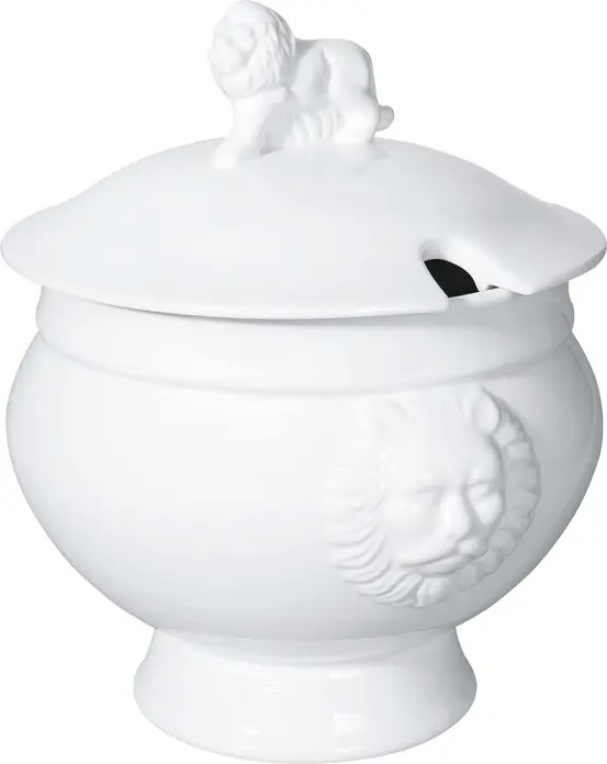 Tureen PULSIVA Matur cu capete de leu, Porțelan Alb, Capacitate 3500 ml, Diametru 19.5 cm, Compatibil cu Cuptorul cu Microunde si Masina de Spalat Vase, Fara Capac