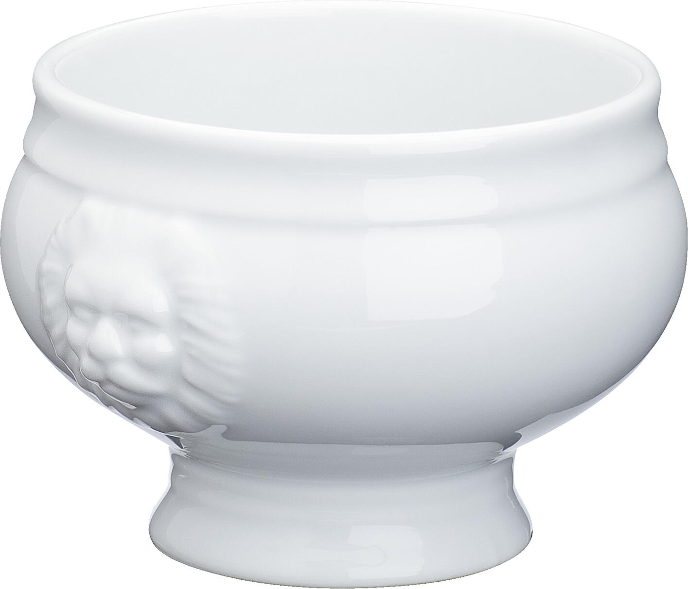 Tureen PULSIVA Matur cu capete de leu, Porțelan Alb, Capacitate 3500 ml, Diametru 19.5 cm, Compatibil cu Cuptorul cu Microunde si Masina de Spalat Vase, Fara Capac
