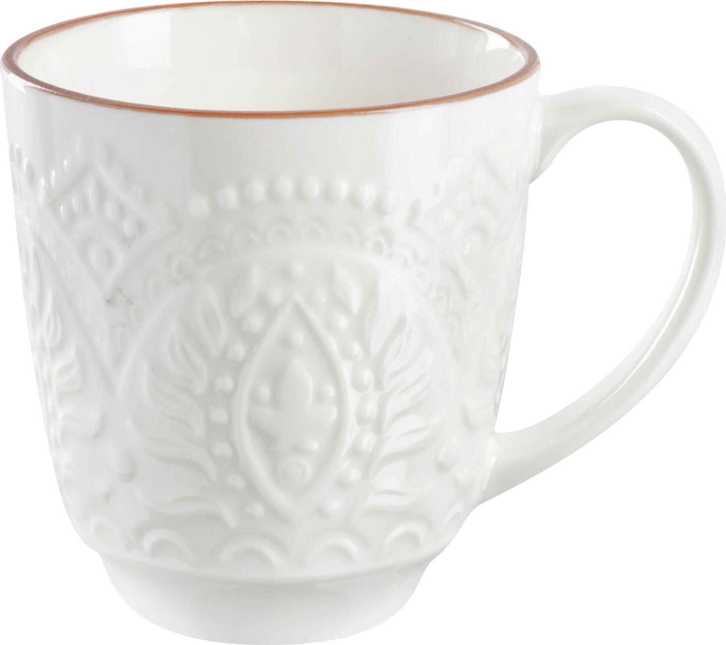 Set de 4 cani de cafea PULSIVA LUSINI Indie, 380ml din porțelan colorat alb aspect ceramic cu relief texturat, sigure pentru mașina de spălat vase și cuptor cu microunde