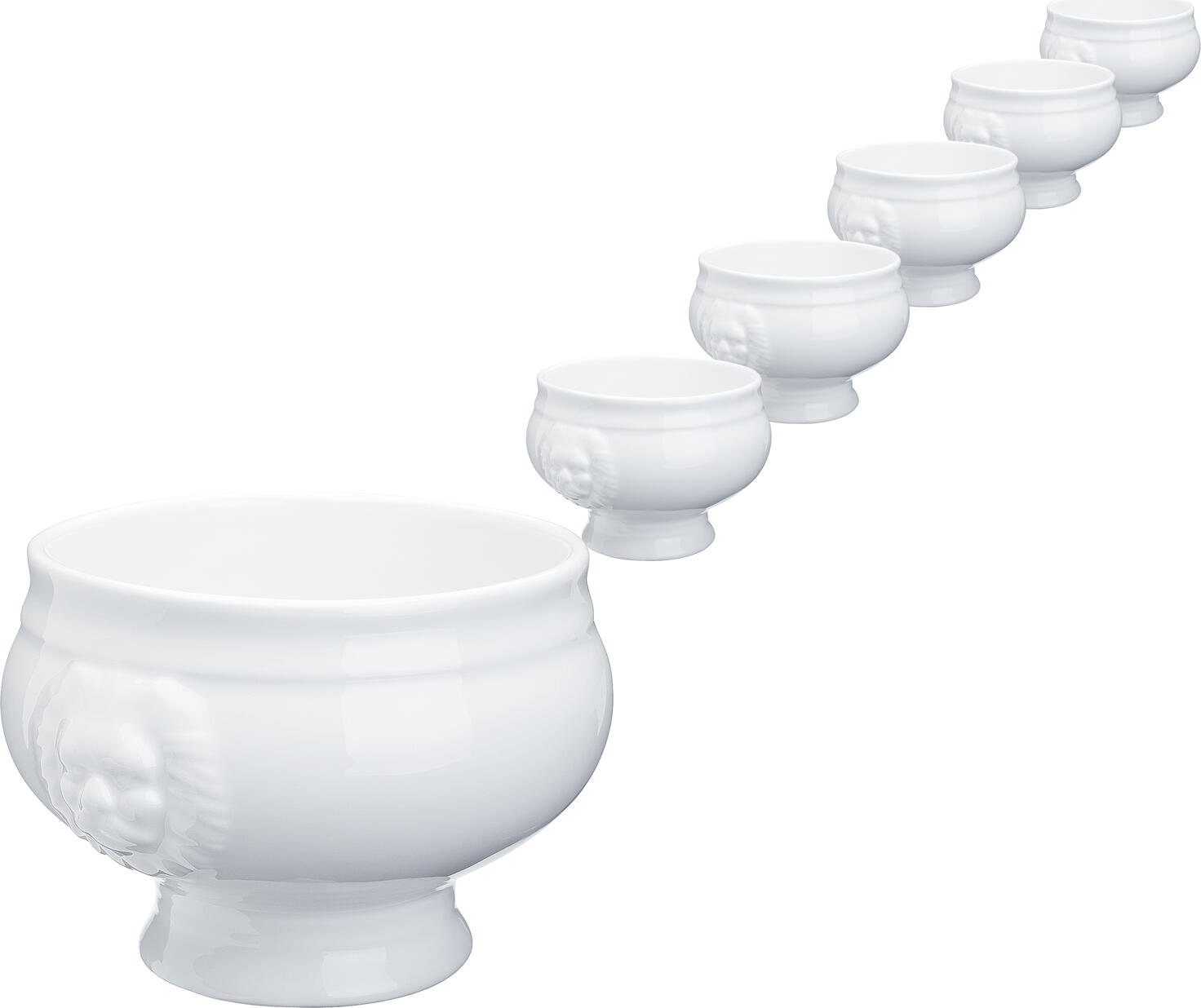 PULSIVA Lion's head tureen Matur, White Porcelain Soup Bowl with Lion Relief, 10.5 cm Diameter, Microwave and Dishwasher Safe, Set of 6