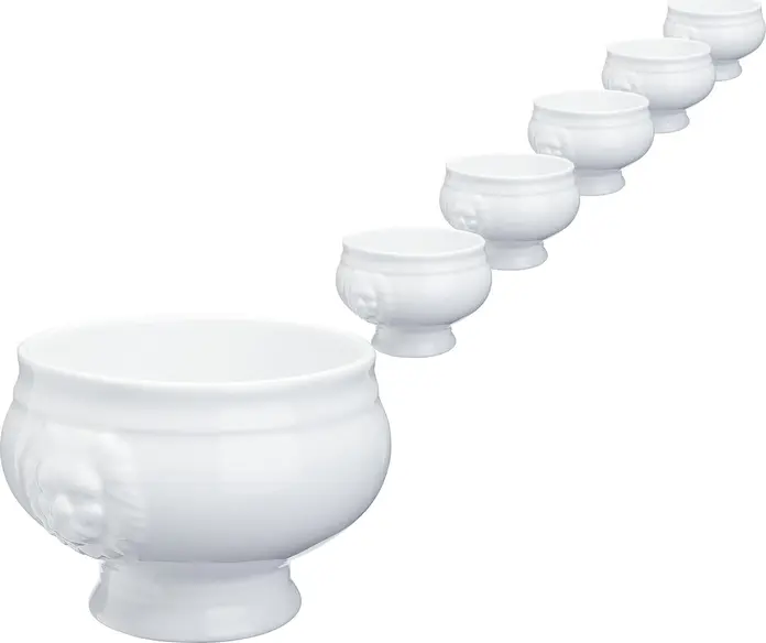 PULSIVA Lion's head tureen Matur, White Porcelain Soup Bowl with Lion Relief, 10.5 cm Diameter, Microwave and Dishwasher Safe, Set of 6