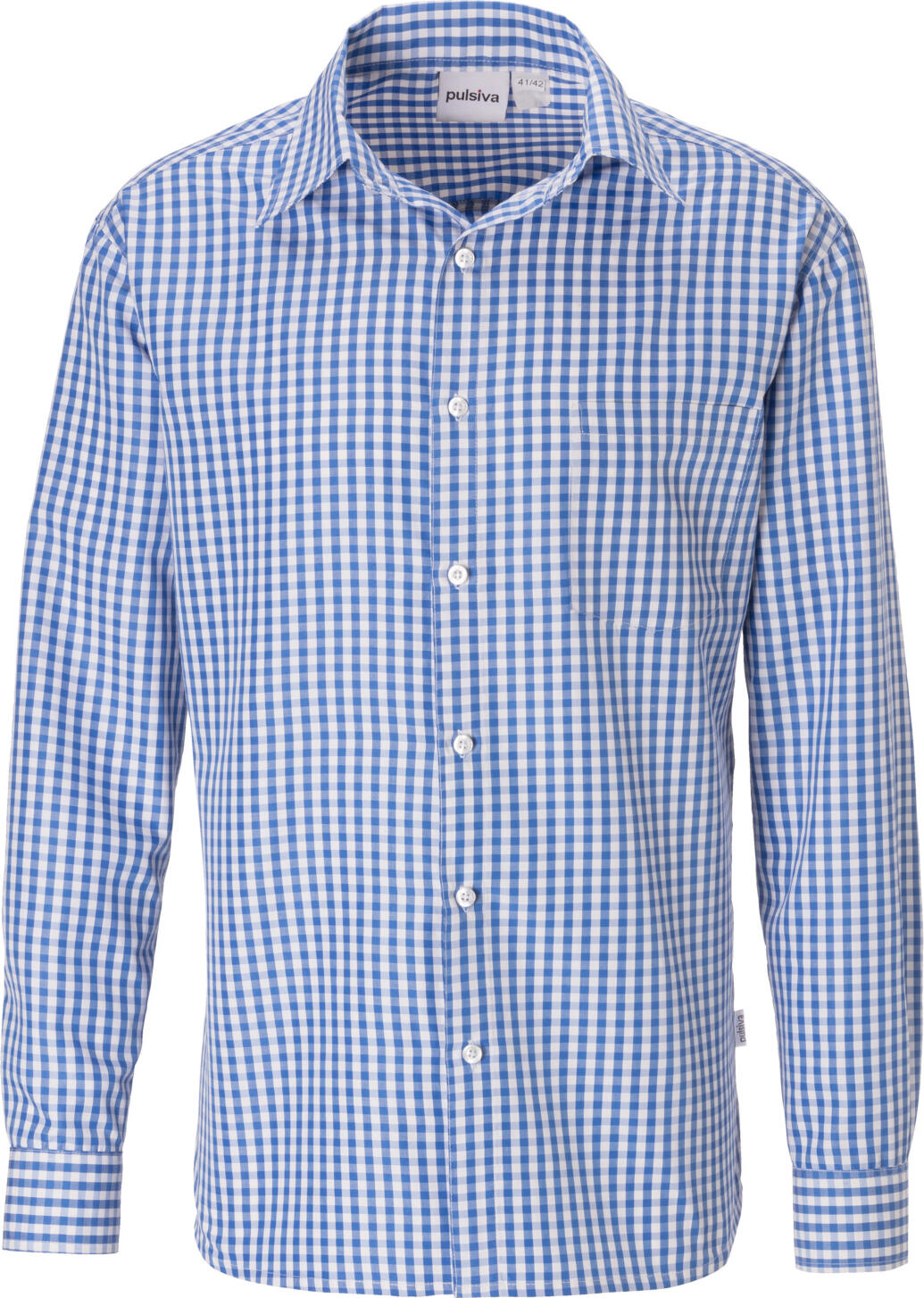 Pulsiva Tom Men's Long-Sleeved Plaid Shirt, 65% Polyester 35% Cotton, Straight Cut, Extra Long Back, Chest Pocket, Easy Care, Blue/White, Size 39/40