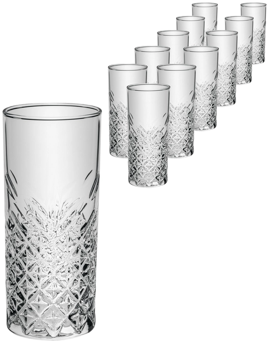 Pasabahce Timeless Cocktail Highball Glasses, 180 ml, Transparent Soda-Lime Glass with Vintage Relief Design, Dishwasher Safe, Set of 12 Pieces