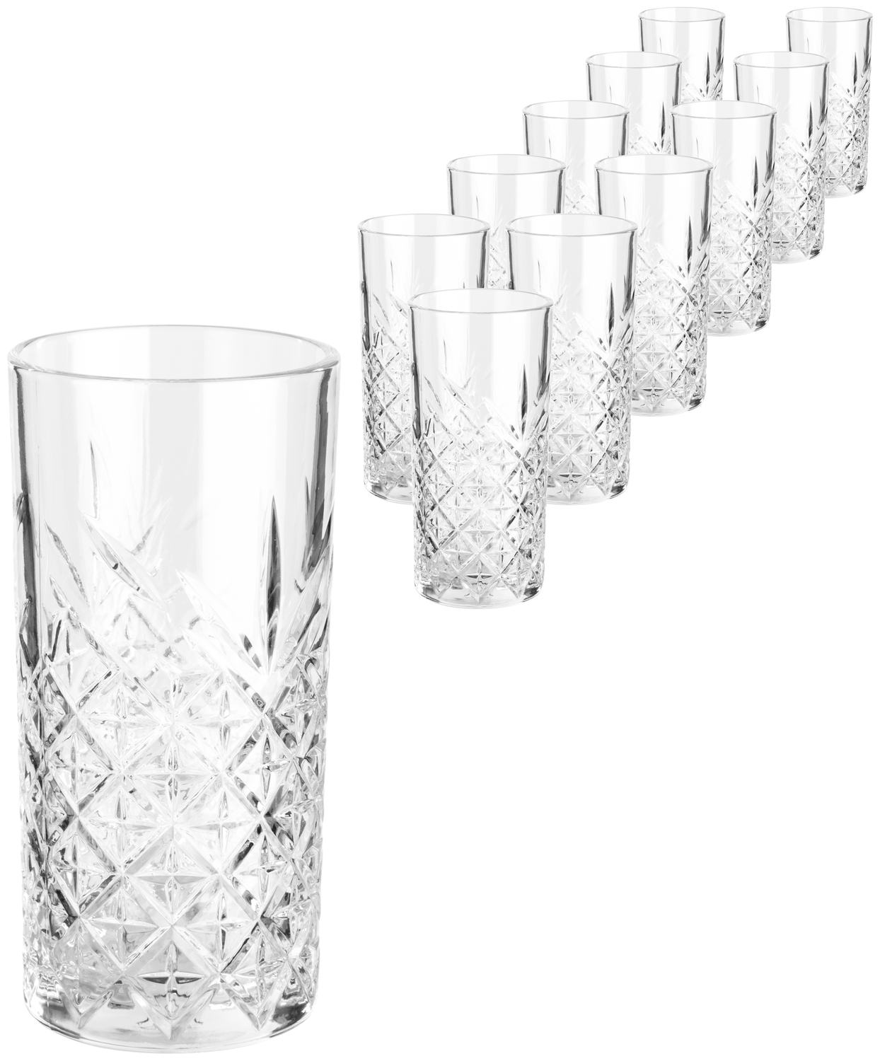 Pahare pentru Cocktail si Longdrink Pasabahce Timeless, 300 ml, Sticla Transparenta cu Design Relievat, Robuste cu Perete Gros, Set de 12 piese